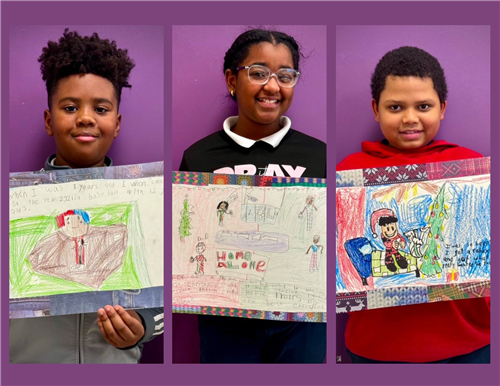 2 boys and 1 girl student proudly showing off their completed story quilt